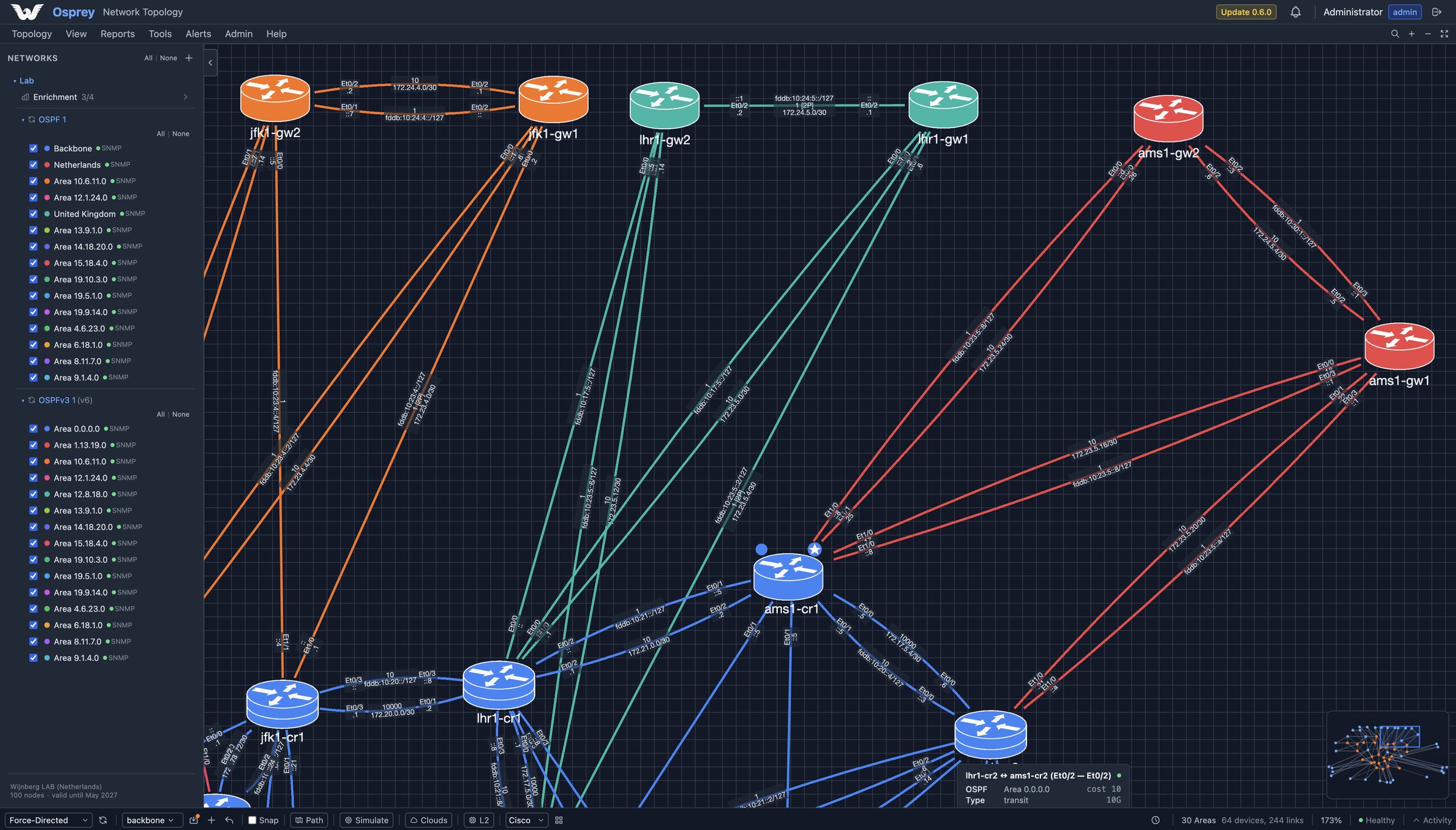 Osprey topology canvas showing OSPF areas, IS-IS, and BGP routers and their links on an interactive dark-themed network map